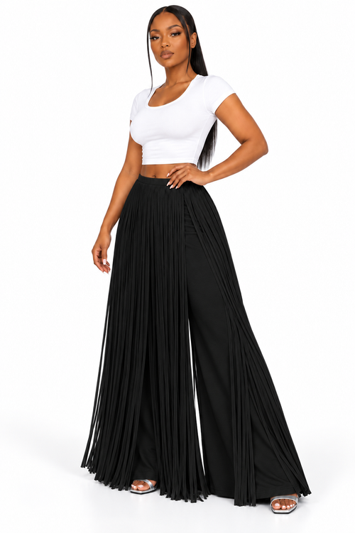 Black Sway Fringe Pants three-quarter view