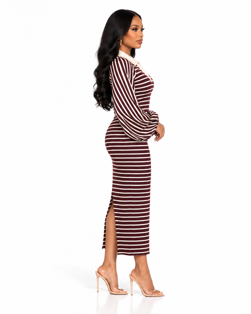 Burgundy Stripe Midi Dress side view