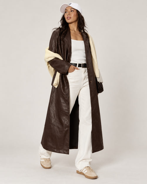 Chocolate Luxe Maxi Coat styled casually