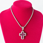 925 Silver Hot Pink CZ Cross Necklace displayed on pink velvet bust