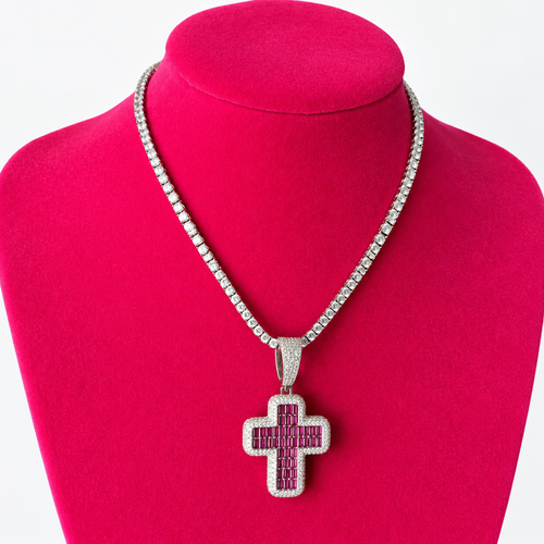 925 Silver Hot Pink CZ Cross Necklace displayed on pink velvet bust