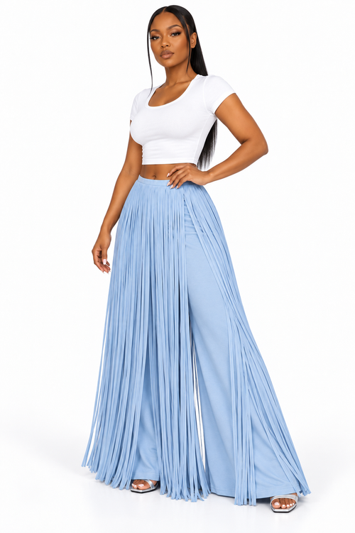 Blue Sway Fringe Pants three-quarter view