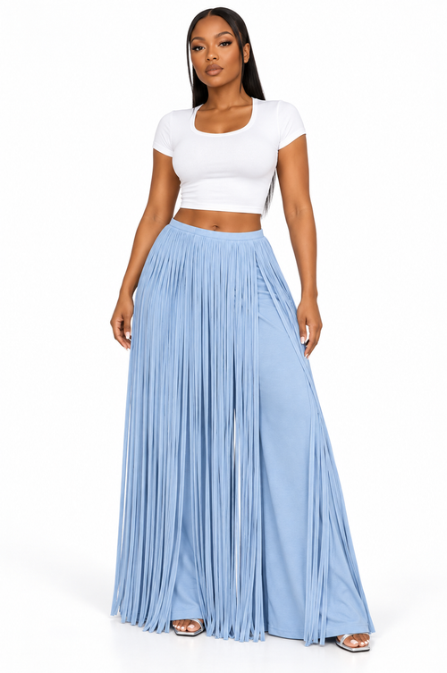 Blue Sway Fringe Pants front view