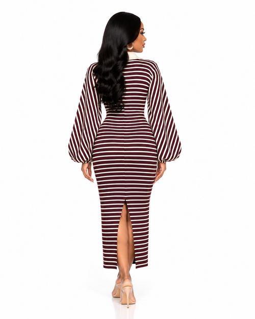 Burgundy Stripe Midi Dress back view with slit