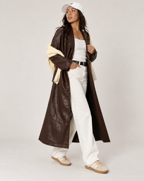 Chocolate Luxe Maxi Coat angled view