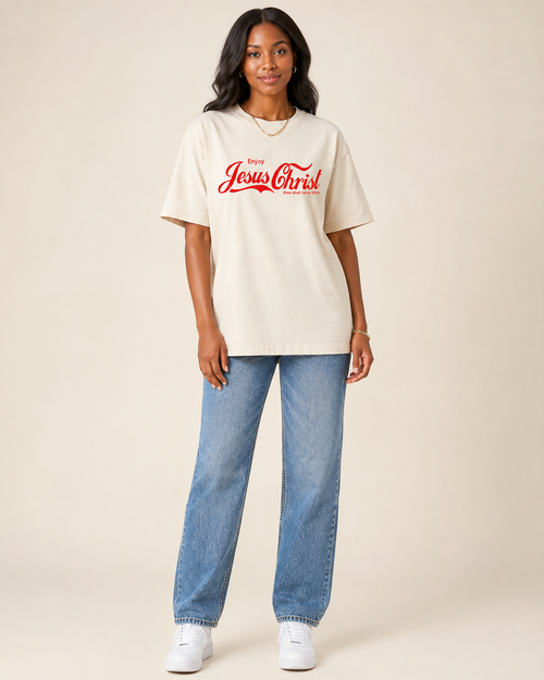 Black woman modeling Enjoy Jesus Christ Tee front view