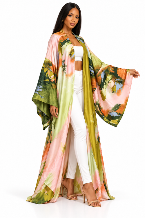 Garden Muse Satin Kimono three-quarter view