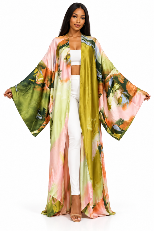 Garden Muse Satin Kimono front view