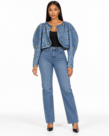 Jeanie Gold Studded denim jacket front view with matching solid jeans