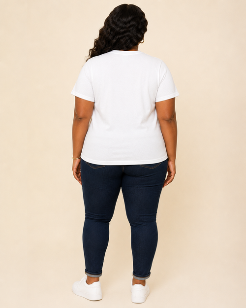 Curvy Black woman modeling Jesus Makes Lemonade Tee back view