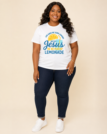 Curvy Black woman modeling Jesus Makes Lemonade Tee front view