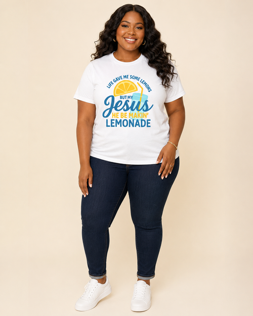 Curvy Black woman modeling Jesus Makes Lemonade Tee front view
