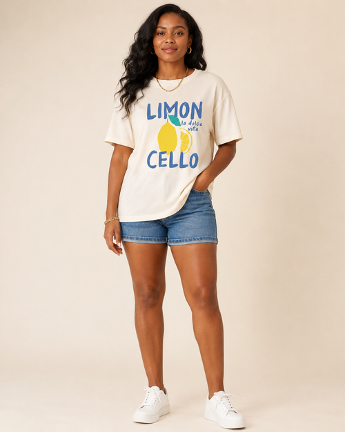 Black woman modeling Limon Cello Tee front view