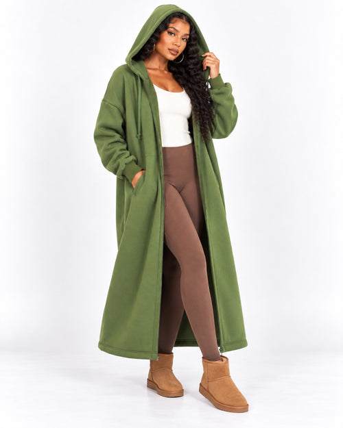Olive Cozy Maxi Hoodie with hood up