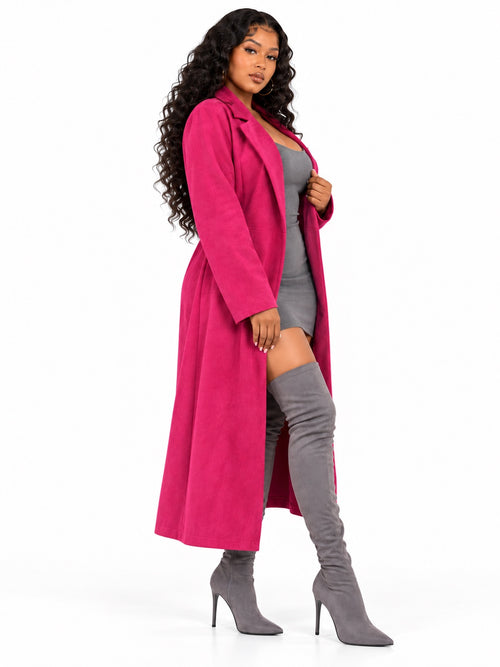 Pretty in Power hot pink longline coat angled view