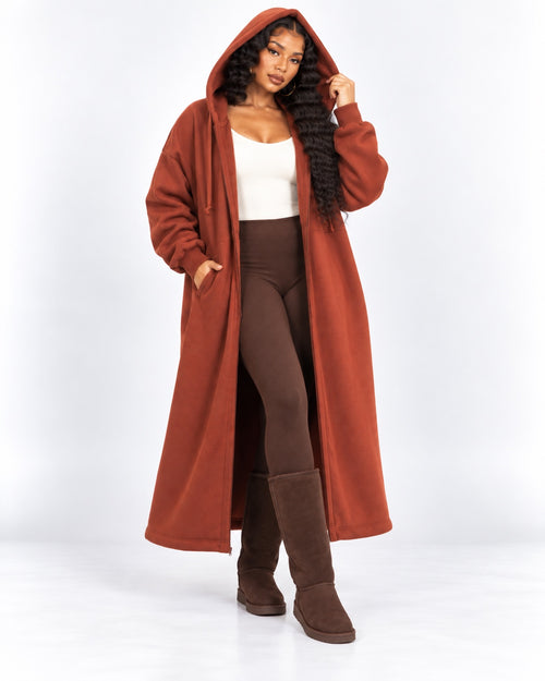 Rust Cozy Maxi Hoodie with hood up