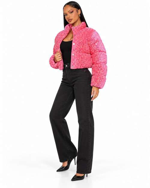 Sequence Pink Puffer jacket angled view with solid black jeans