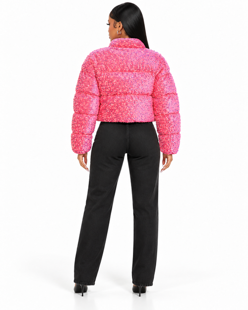 Sequence Pink Puffer jacket back view with solid black jeans