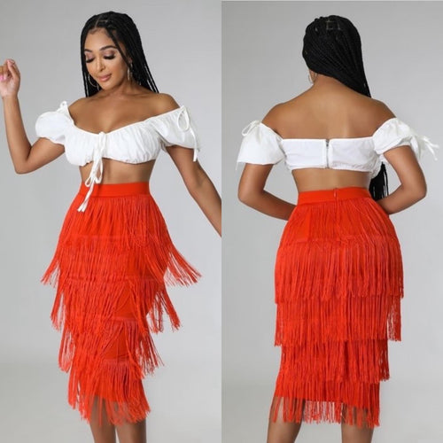 Tangerine Fringe Skirt